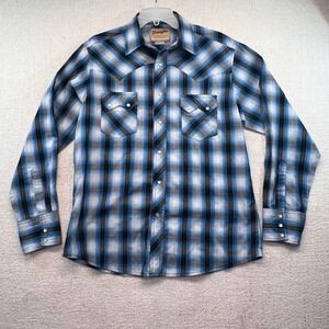 Wrangler Mens Western Snap Shirt Plaid‎ Blue Black White Long Sleeve Size L